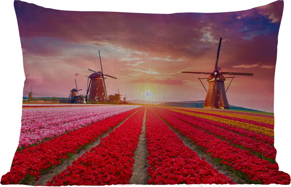 MuchoWow Outdoor Kissen - Blumen - Windmühle - Tulpen - Sonnenuntergang - Rosa - 50x30 cm - Wetterfest - Lounge Kissen - Sofa kissen - Wohnzimme...