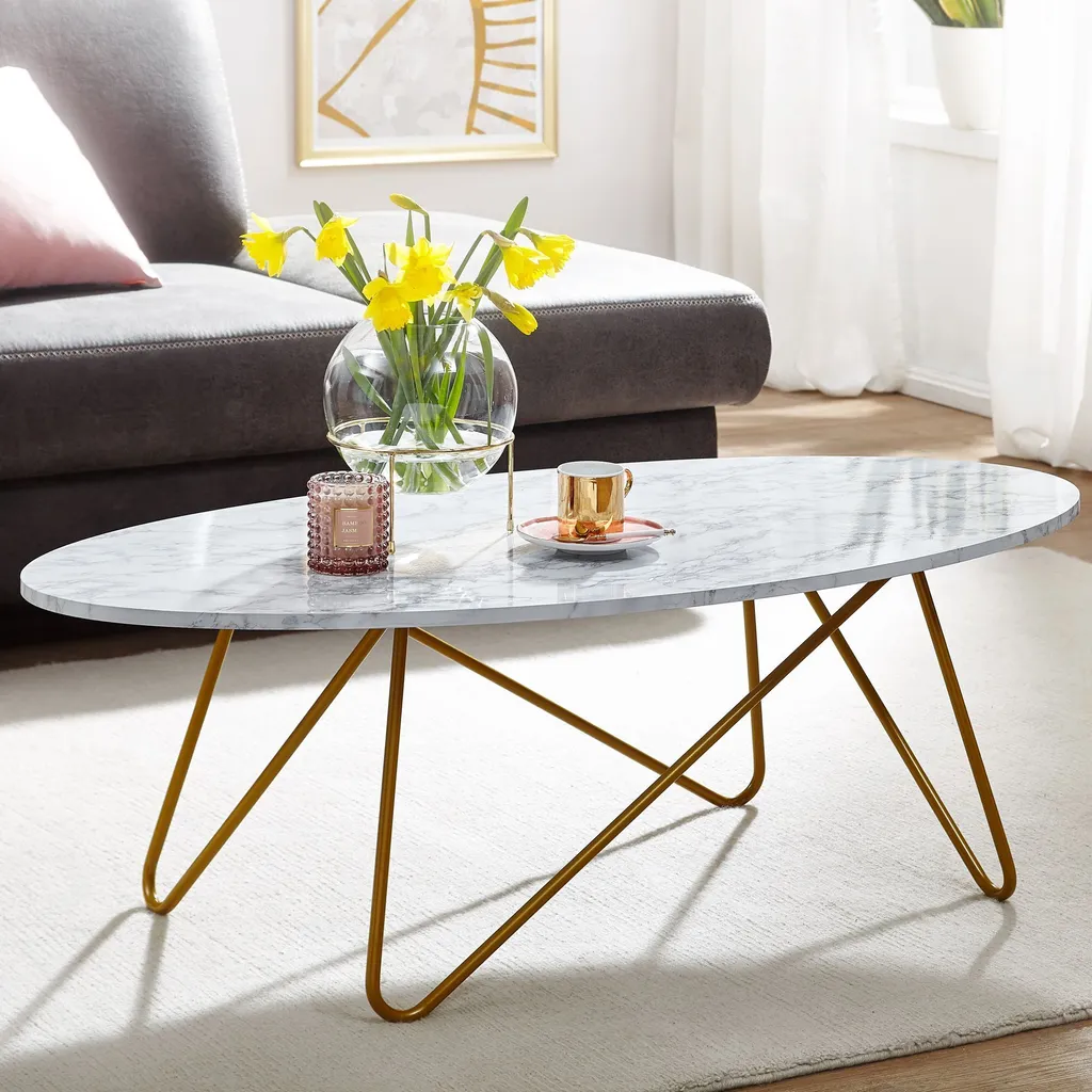 FineBuy Tavolo Salotto Ovale 120x40x60 cm - Marmo Bianco e Metallo