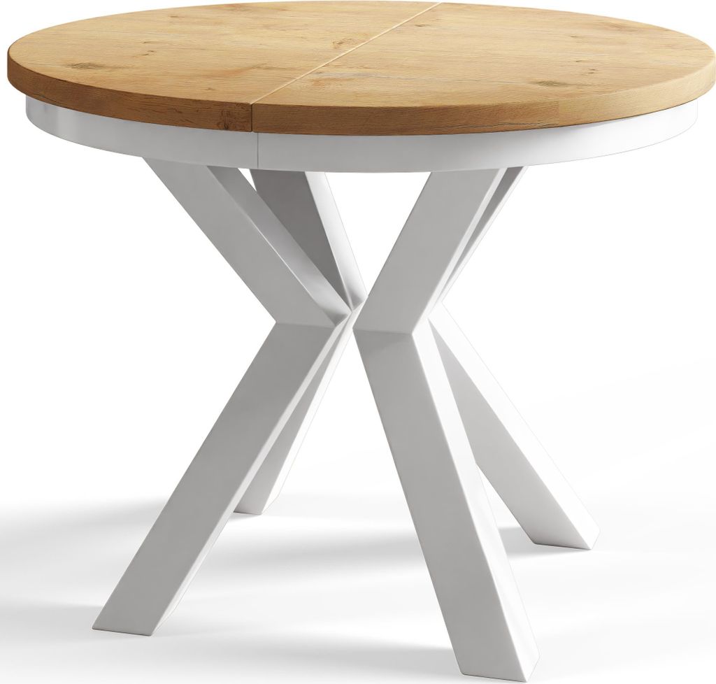 Runder Esszimmertisch LOFT, ausziehbarer Tisch Durchmesser: 100 cm/180 cm, Wohnzimmertisch Farbe: Hellbraun, mit Metallbeinen in Farbe Weiß