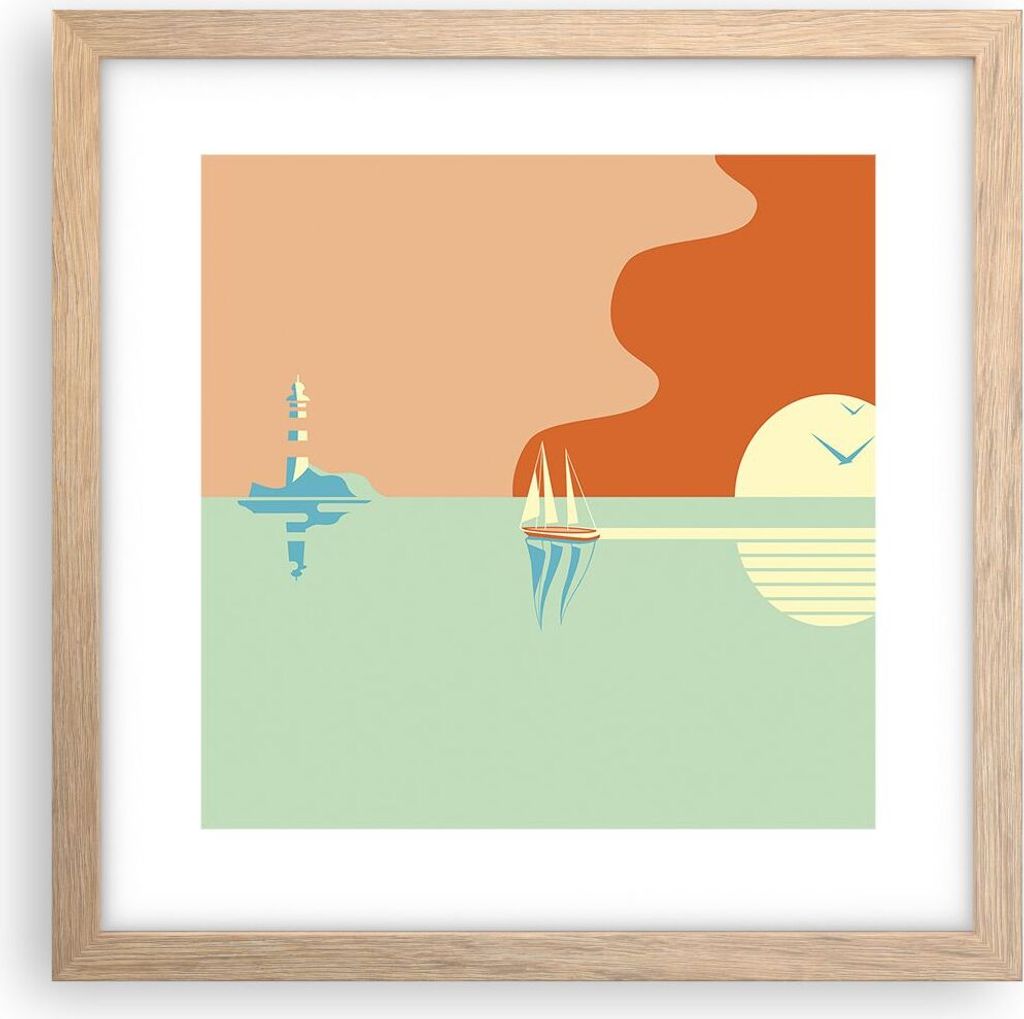 Gerahmtes Poster - Rahmen in heller Eiche - Sonne Segelschiff Laterne - 30x30 cm - Wand Bild - Wanddeko - Wandbilder - Kunstposter - Wandposter - B...
