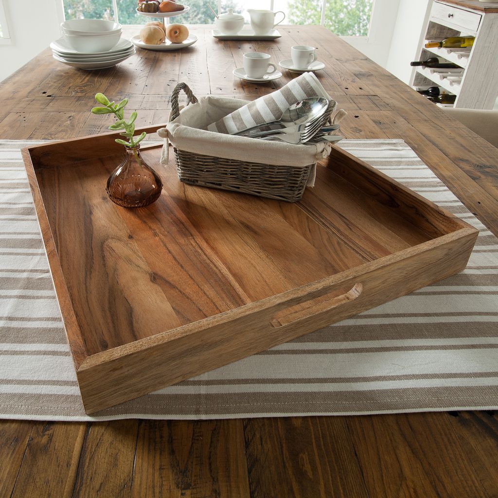 riess-ambiente Elegantes Servier Tablett CIANO 40x40cm Akazie Massivholz mit Griffen Dekotablett