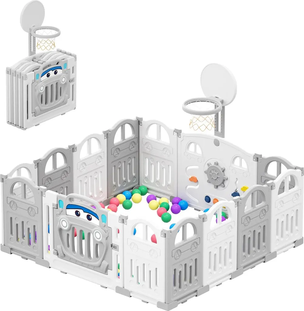 Parc de jeux bébé modulable avec panier de basket et mur d'éveil