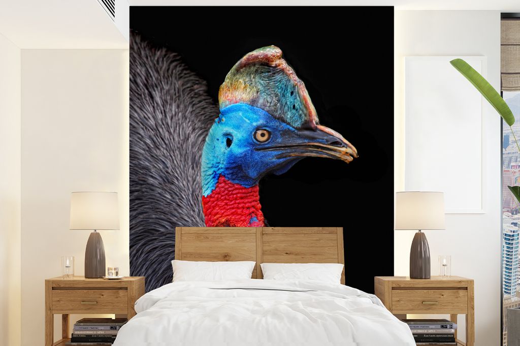 MuchoWow Fototapete für Wohnzimmer oder Schlafzimmer Wandtapete Vinyl Motivtapete Ein bunter Kasuar auf schwarzem Hintergrund - 175x240 cm - Sch...