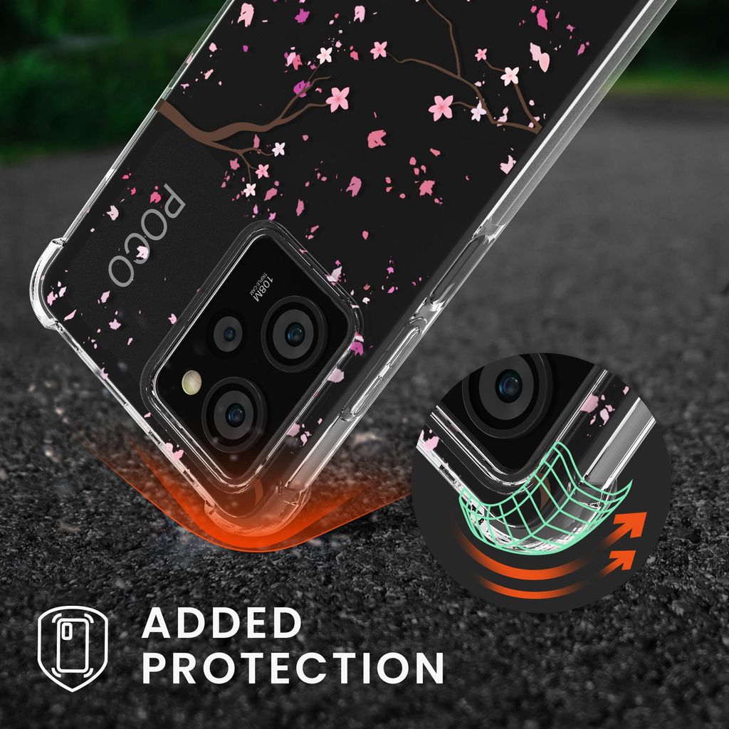 kwmobile Necklace Case kompatibel mit Xiaomi Poco X5 Pro 5G Hülle - Silikon Cover mit Handykette - Rosa Dunkelbraun Transparent Kirschblütenblätter