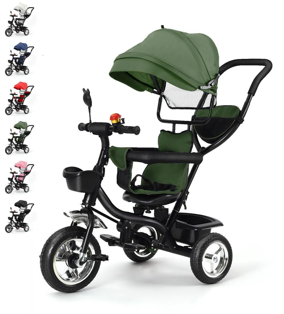 Kinderfahrrad - Dreirad - Drehbarer Sitz - Schiebestange - Große Räder - Korb & Tasche - Tragkraft >20 kg - 1–5 Jahre - Armeegrün