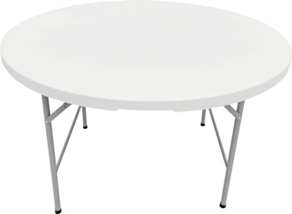 A white round folding table with metal legs against a white background.