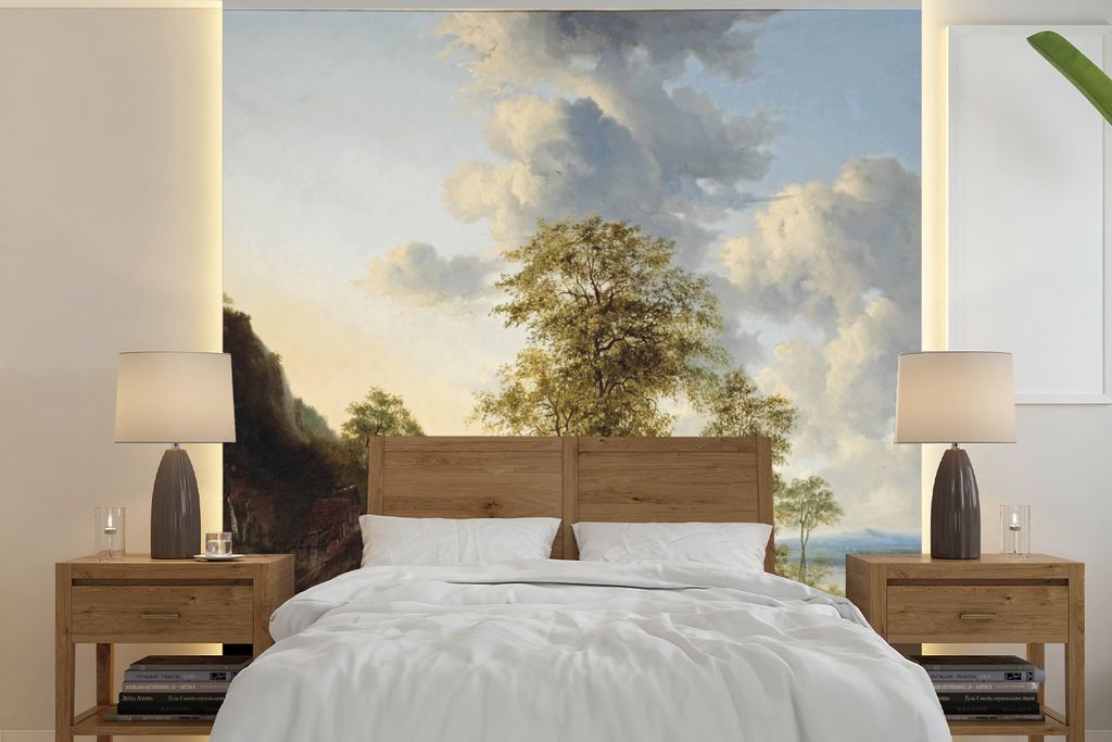 MuchoWow Fototapete für Wohnzimmer oder Schlafzimmer Wandtapete Vinyl Motivtapete Flusslandschaft mit Bauern und Vieh - Gemälde von G.J.J Van O...