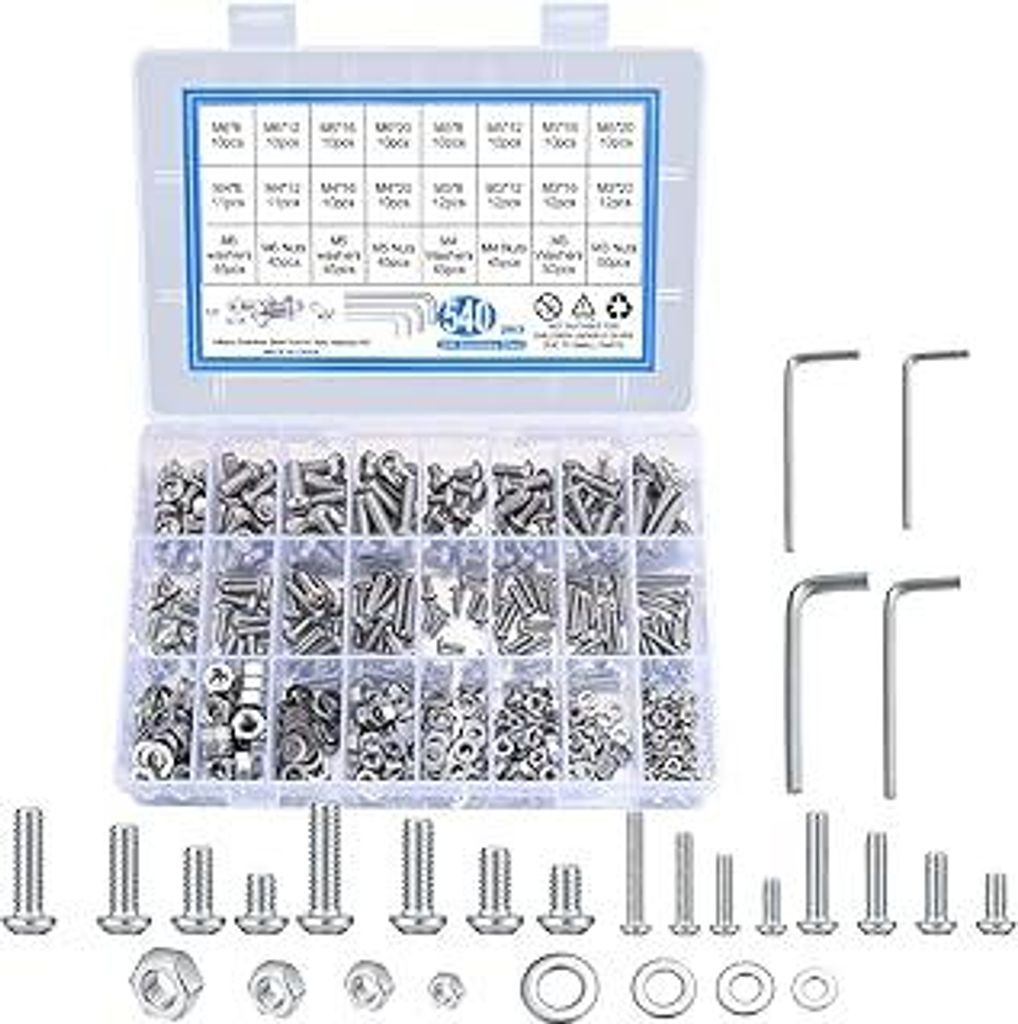 540 Stück Edelstahl Sechskopf Knopf Schrauben und Muttern Unterlegscheiben, M3 M4 M5 M6 Linsenkopfschrauben Sortiment Set, Edelstahlschrauben Masc...