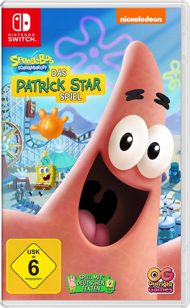 The image shows the game box for 'Das Patrick Star Spiel' for Nintendo Switch, featuring Patrick Star prominently.