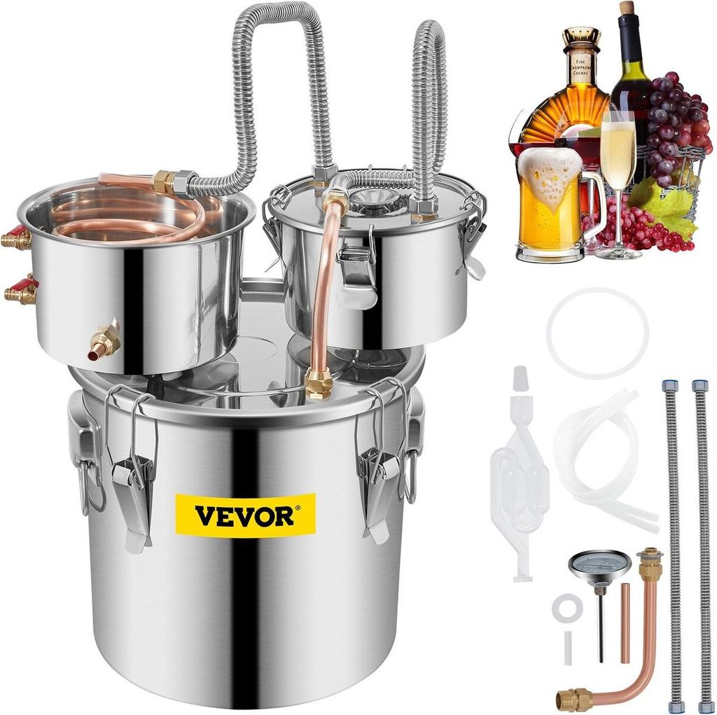 Moonshine Still Distiller 3Gal 12L Stainless Steel Water Distiller Copper Tube with Circulating Pump Home Brewing Kit Build-in Thermometer