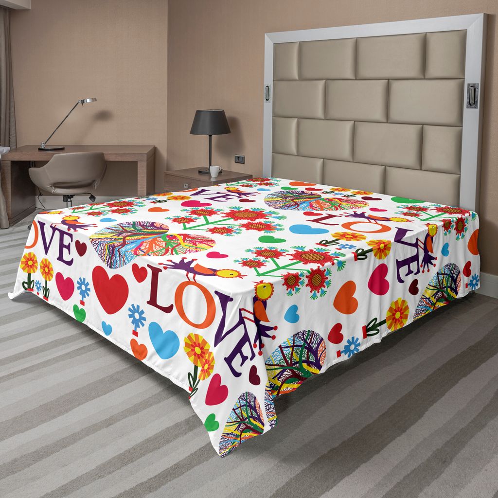 ABAKUHAUS Liebe Bettlaken, Bunte Romantische Muster Vogel Herzen Kreative Aufwändige Design Traditionelle Kunst, weiches bequemes oberes Bettlaken...