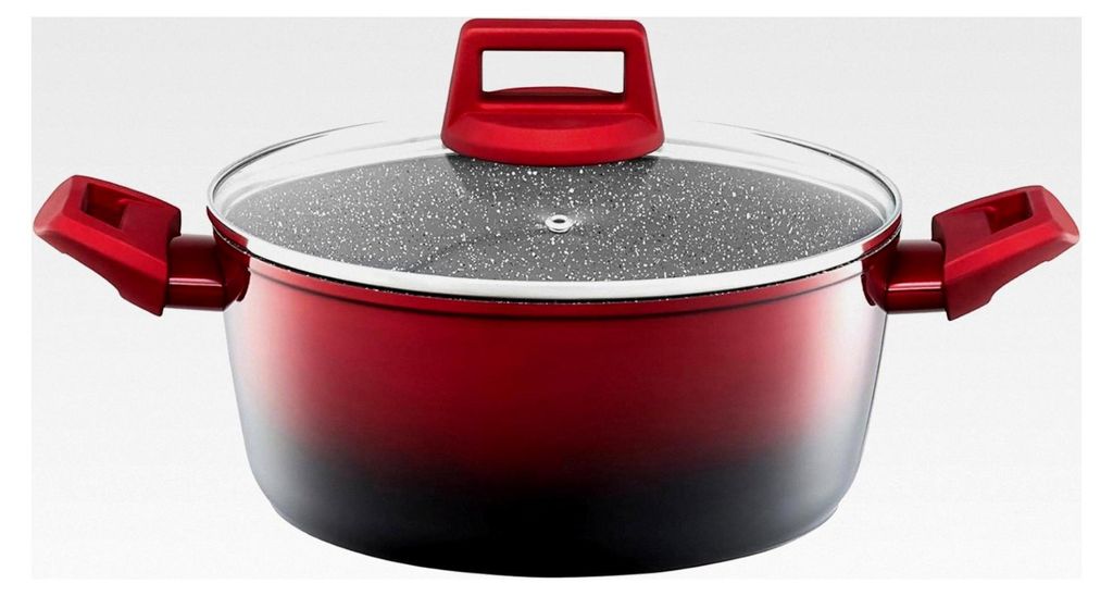 Kochtopf 24 cm mit Glasdeckel 4,3 l aus Aluminium, antihaftbeschichtet, für alle Herdarten, Induktion, Steinoptik rot