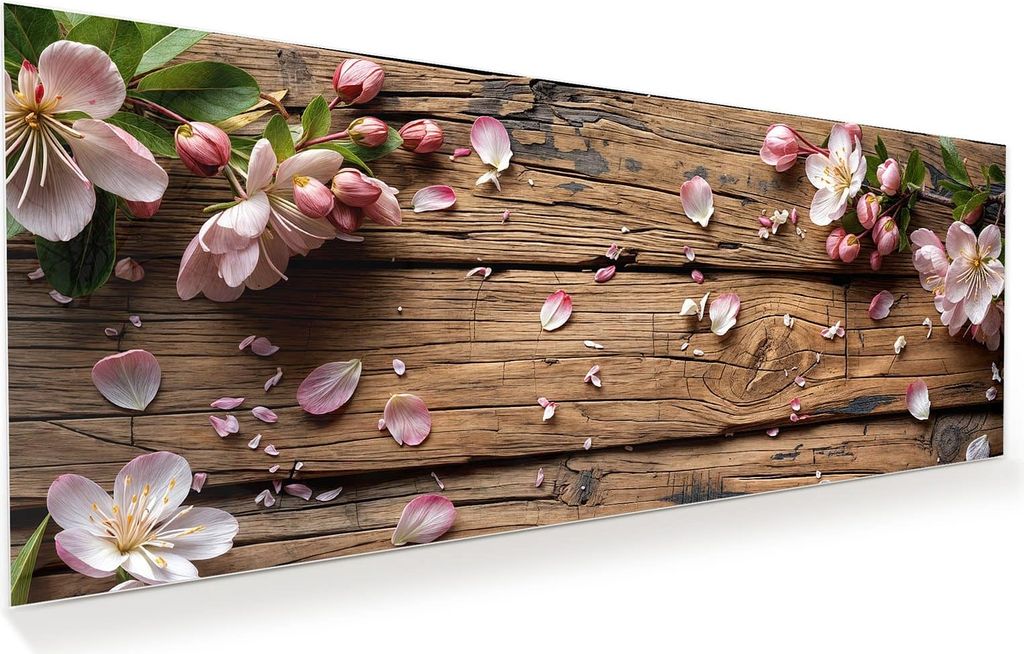 Glasbild 150x60cm in XXL für Wohnzimmer, Schlafzimmer Motiv Blüten auf Holz