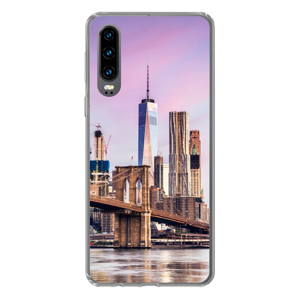 MuchoWow Handyhülle Schutzhülle Hülle für Huawei P30 Brooklyn Bridge und die New Yorker Skyline Silikon Softcase Handy Hülle - Kartenbesitzer