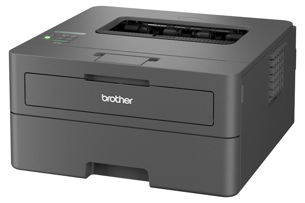 A black Brother laser printer is shown from a three-quarter front angle on a white background.