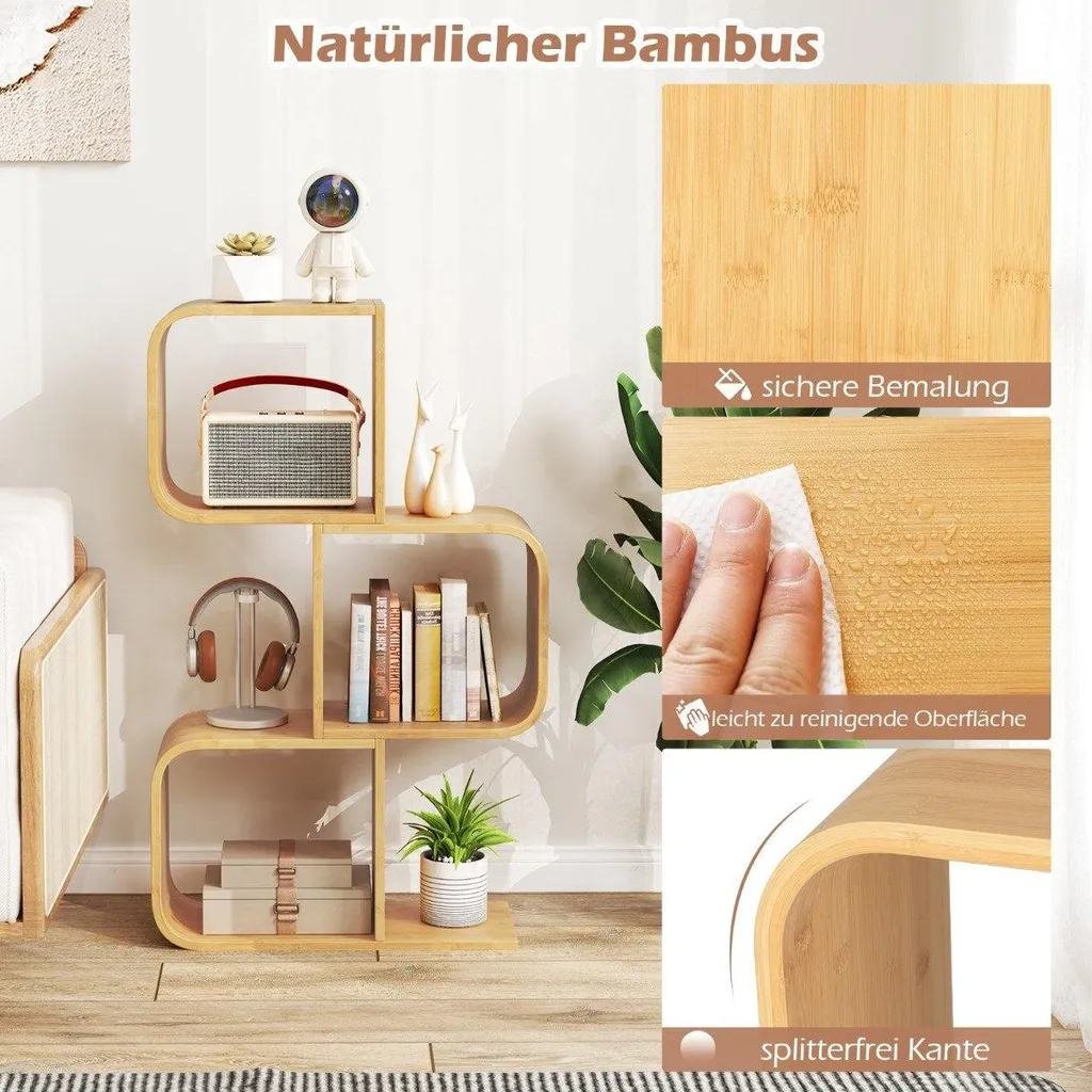 Bibliothèque compacte pour petits espaces, étagère en S 3 tablettes bambou