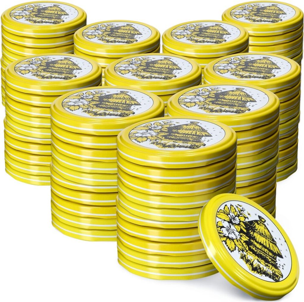 KADAX Einmach-Deckel Set aus Metall "Valsta", mit 4 Einrastzähnen, Bienenstock, 66 mm, 100 Stück