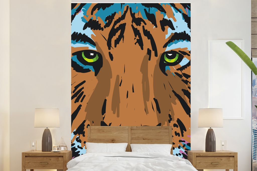 MuchoWow Fototapete für Wohnzimmer oder Schlafzimmer Wandtapete Vinyl Motivtapete Tiger - Farbe - Augen - 180x280 cm - Wallpaper