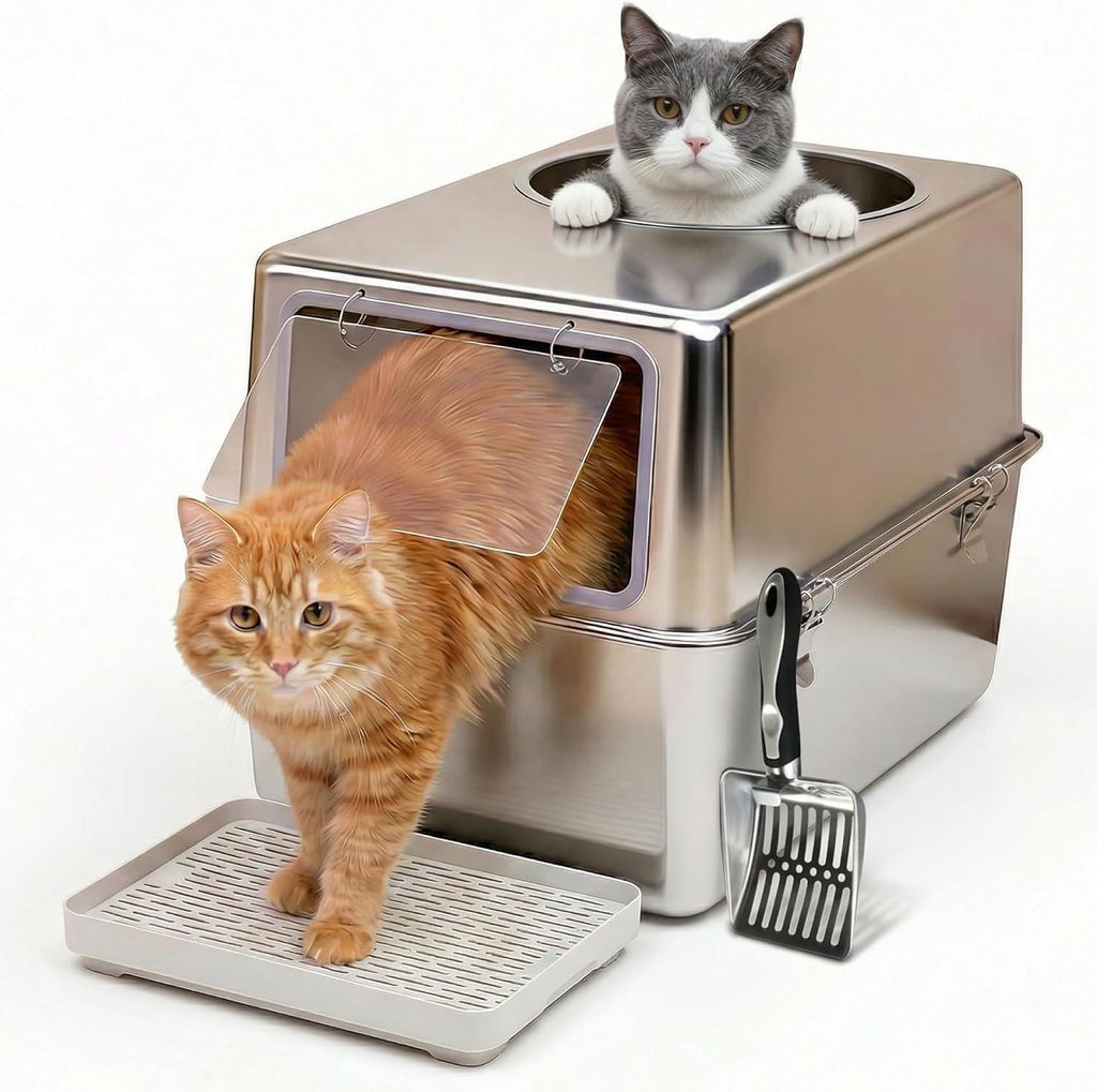 Katzenklo Edelstahl XXL mit Deckel – Katzenklo mit Frontklappe & Top-Einstieg – 38L Katzentoilette Edelstahl – 60x41,5x40 cm – Leicht zu Re...