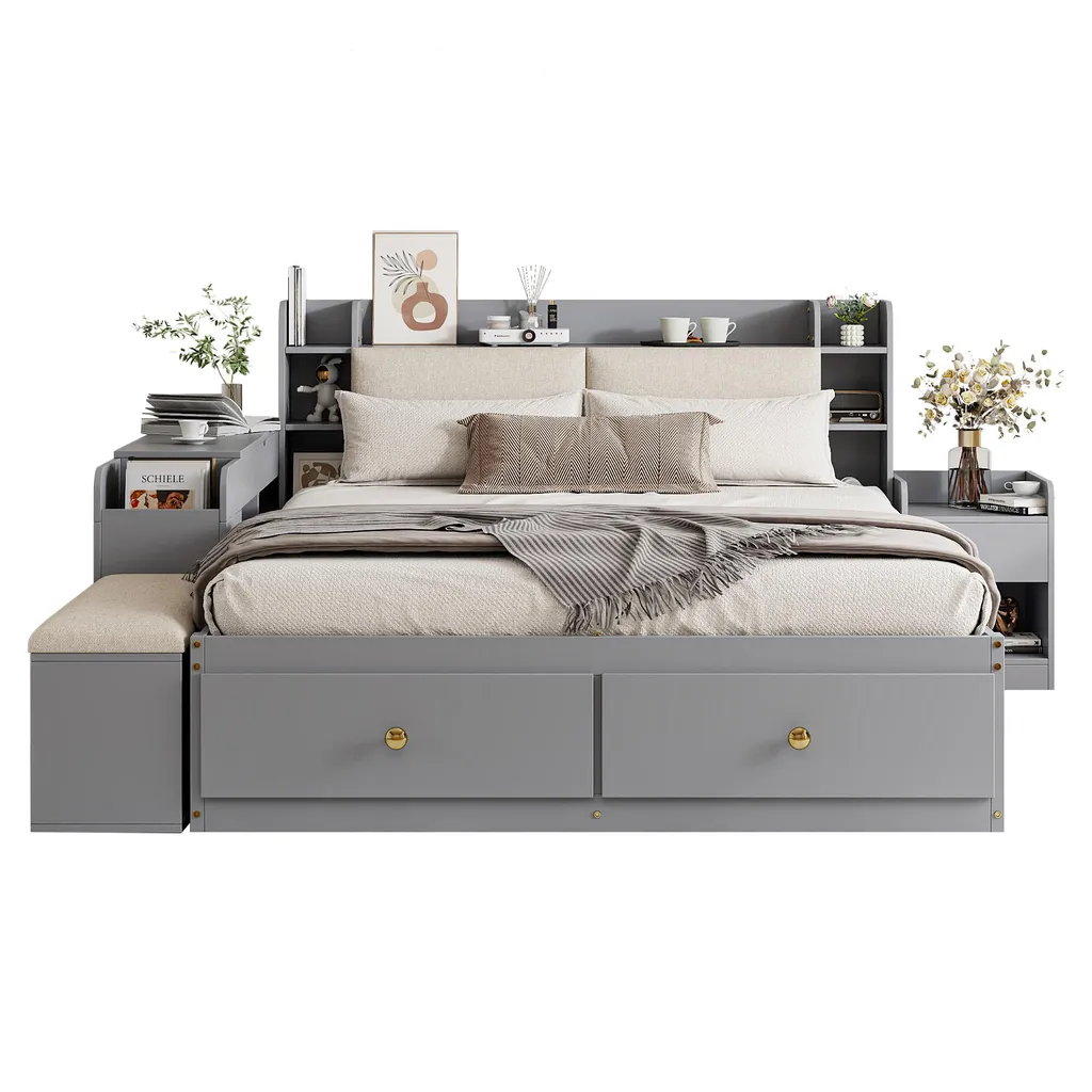 Lit double combiné gain de place 140x200, bois gris avec rangements - 9