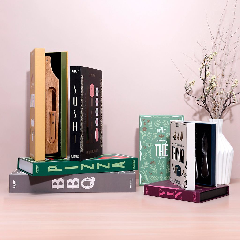 Aperitif-Set in Buchform aus Holz mit Schneidemesser und Servierbrett