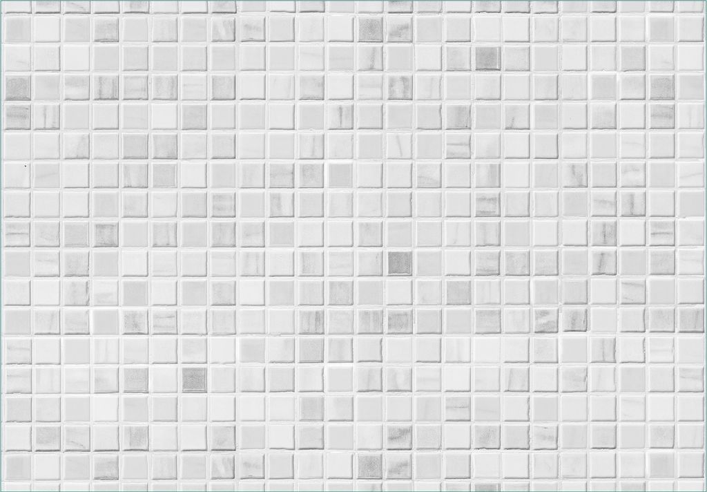 Wallario Fototapete Vliestapete, seidenmatte Oberfläche, einfache Verarbeitung, Größe 300 x 210 cm, Motiv Fliesen im Bad weiß-grau