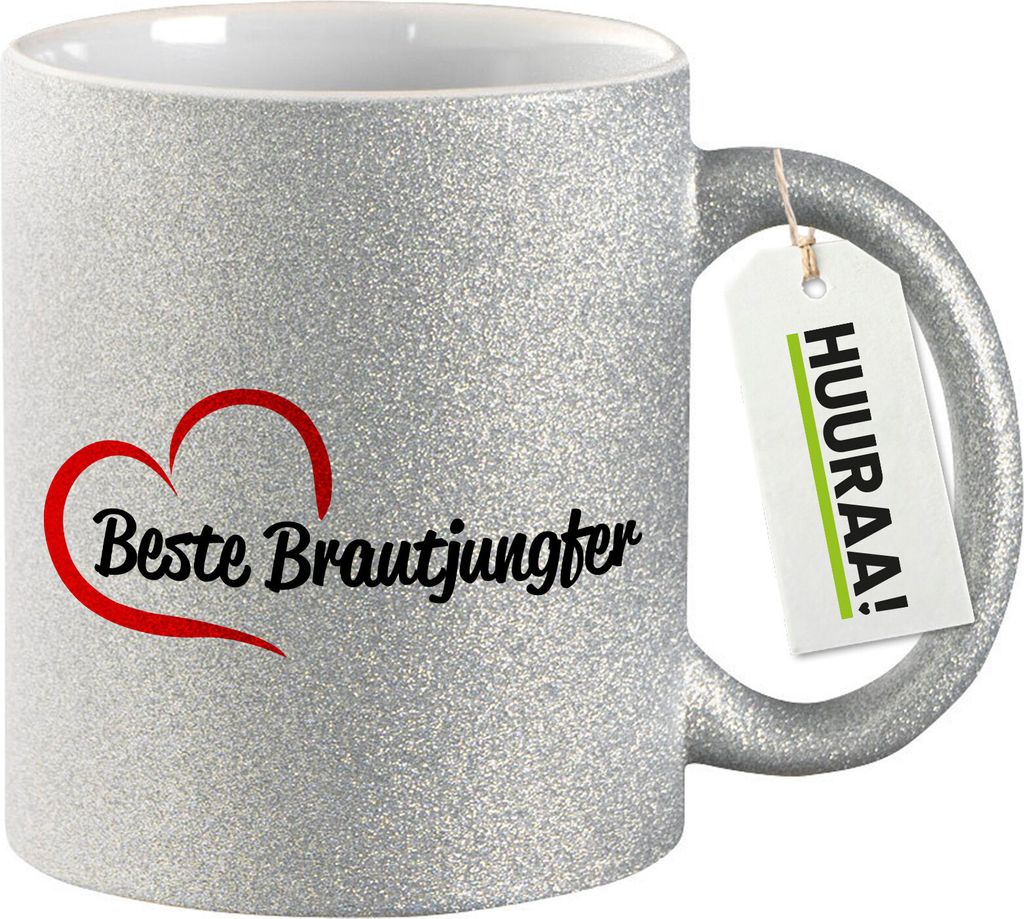 Huuraa Glitzertasse Beste Brautjungfer Herz 330ml Silber Keramik Kaffeebecher Geschenkidee