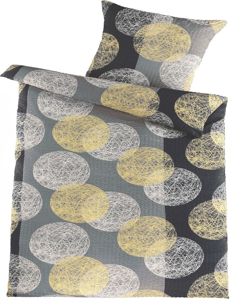 2-tlg. Seersucker Bettwäsche 135x200 +80x80cm, grau schwarz, Punkte/Kreise, bügelfrei