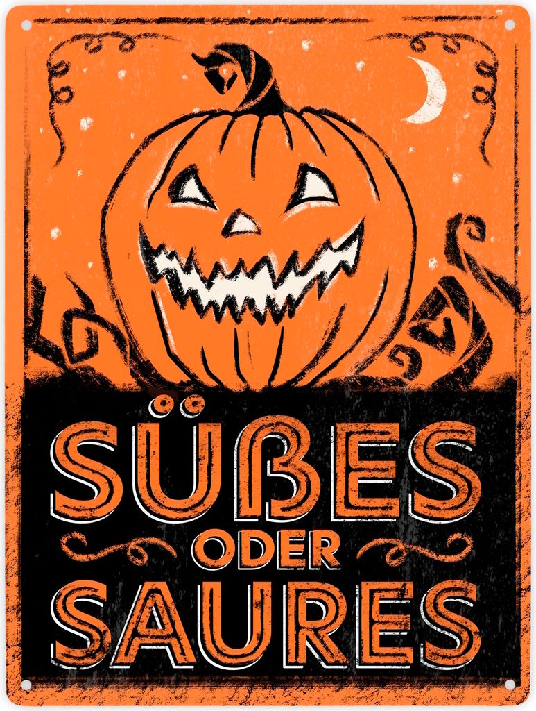 Metallschild XXL in 28x38 cm mit Halloween Kürbis Motiv im used Look - Süßes