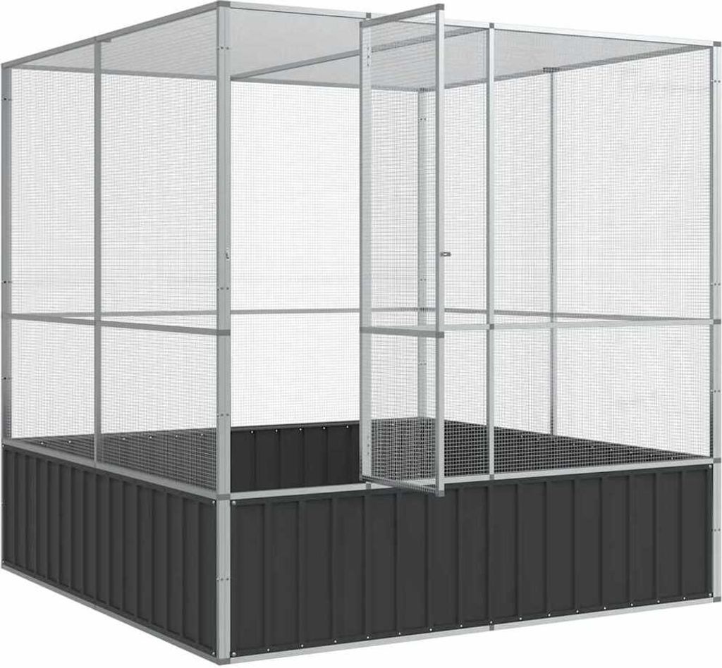 A large, empty aviary cage with a silver metal frame and black base.