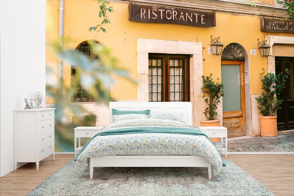 MuchoWow Fototapete für Wohnzimmer oder Schlafzimmer Wandtapete Vinyl Motivtapete Rom - Restaurant - Gelb - Pflanzen - Tür - 435x260 cm - Kinde...