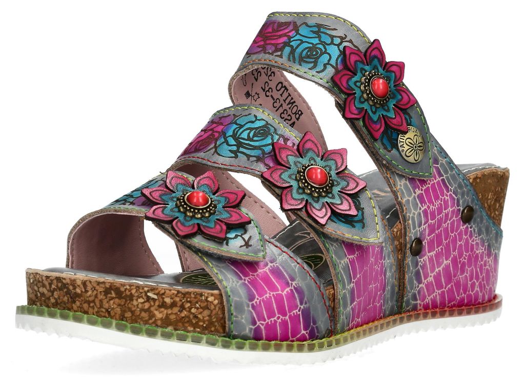 Laura Vita Damen Pantolette mit Kroko Prägung und Blumenmuster Bonito 42, Größe:40 EU, Farbe:Grau