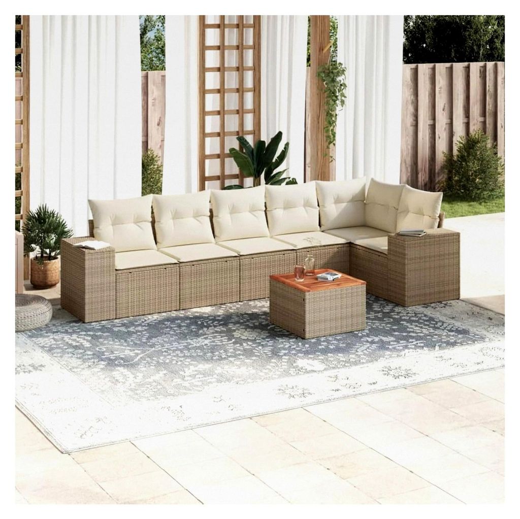 Gartenmöbel-Set, 7-teilig mit Kissen, Polyrattan, Beige