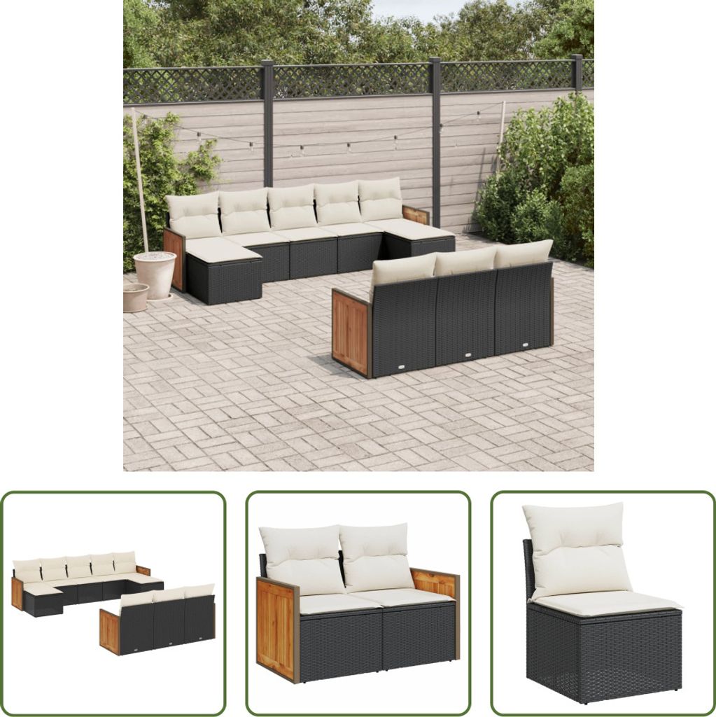 The Living Store 10-tlg. Garten-Sofagarnitur mit Kissen Schwarz Poly Rattan