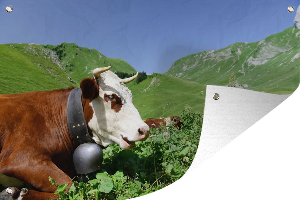 MuchoWow 120x80 cm Outdoor-Poster Gartendeko Sichtschutz Garten Poster für den Garten Kuh - Pflanzen - Berg