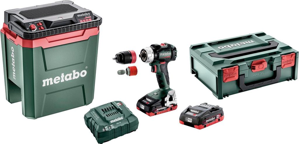 Metabo Akku-Set BS 18 LT BL Q + Kühlbox KB 18 BL - 18V Akku-Bohrschrauber LiHD, 2 Akkus, Ladegerät, Kühl- und Warmhaltebox, metaBOX 145