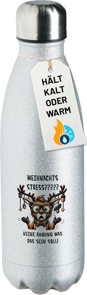 Huuraa Sportflasche Weihnachtsstress Rentier Geschenk 500ml Silver Wasserflasche Weihnachtsstress Überraschung