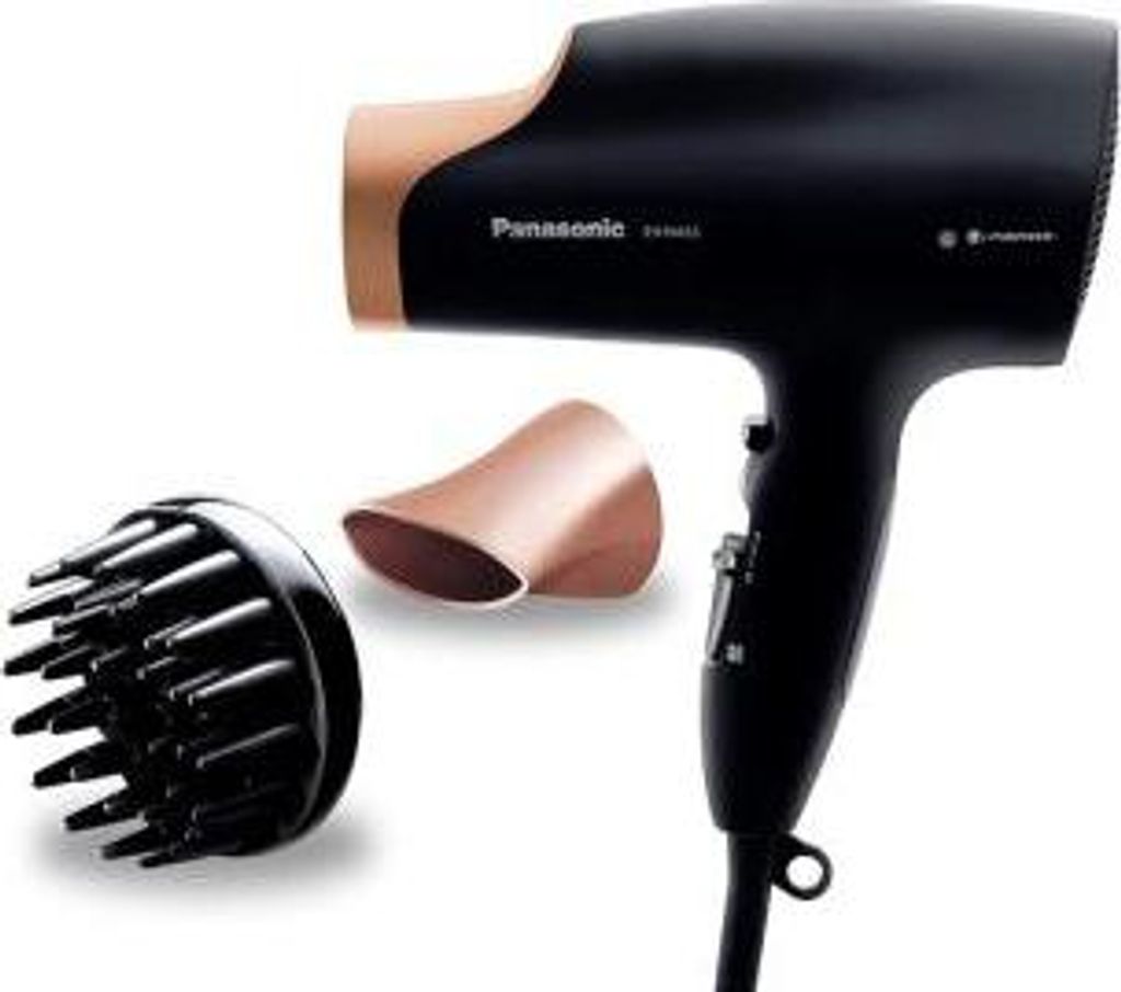 A black Panasonic hair dryer with rose gold accents, shown with two attachments: a diffuser and a concentrator nozzle.
