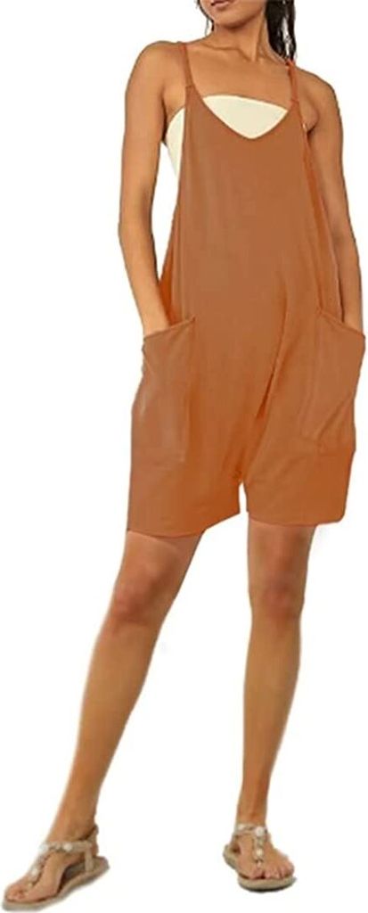 ASKSA Damen Jumpsuit Sommer Ärmellos Kurz Latzhose Overall Casual Baggy Hosenanzug Playsuit Shorts Trägerhose, Braun, L