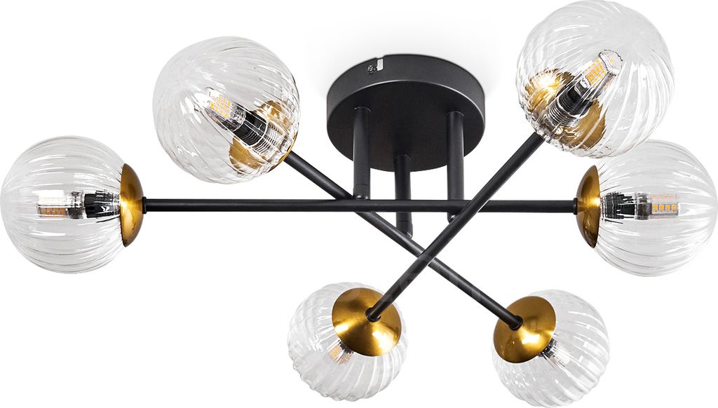 Isorella Deckenlampe aus Metall/Riffelglas in Schwarz/Goldfarben/Klar