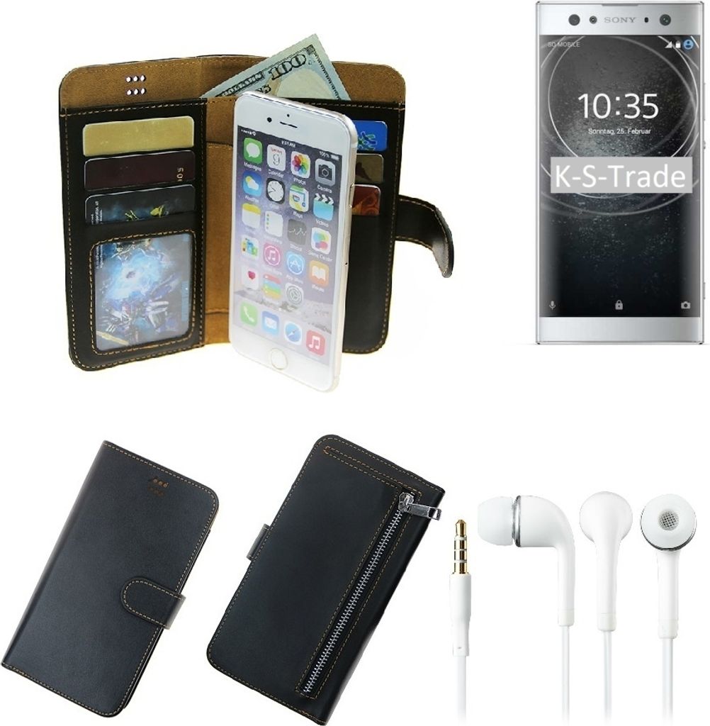 TOP SET Handy Hülle Schutz Hülle kompatibel mit Sony Xperia XA2 Ultra schwarz aus Kunstleder + Kopfhörer Smartphone Tasche vollwertige Geldbörse
