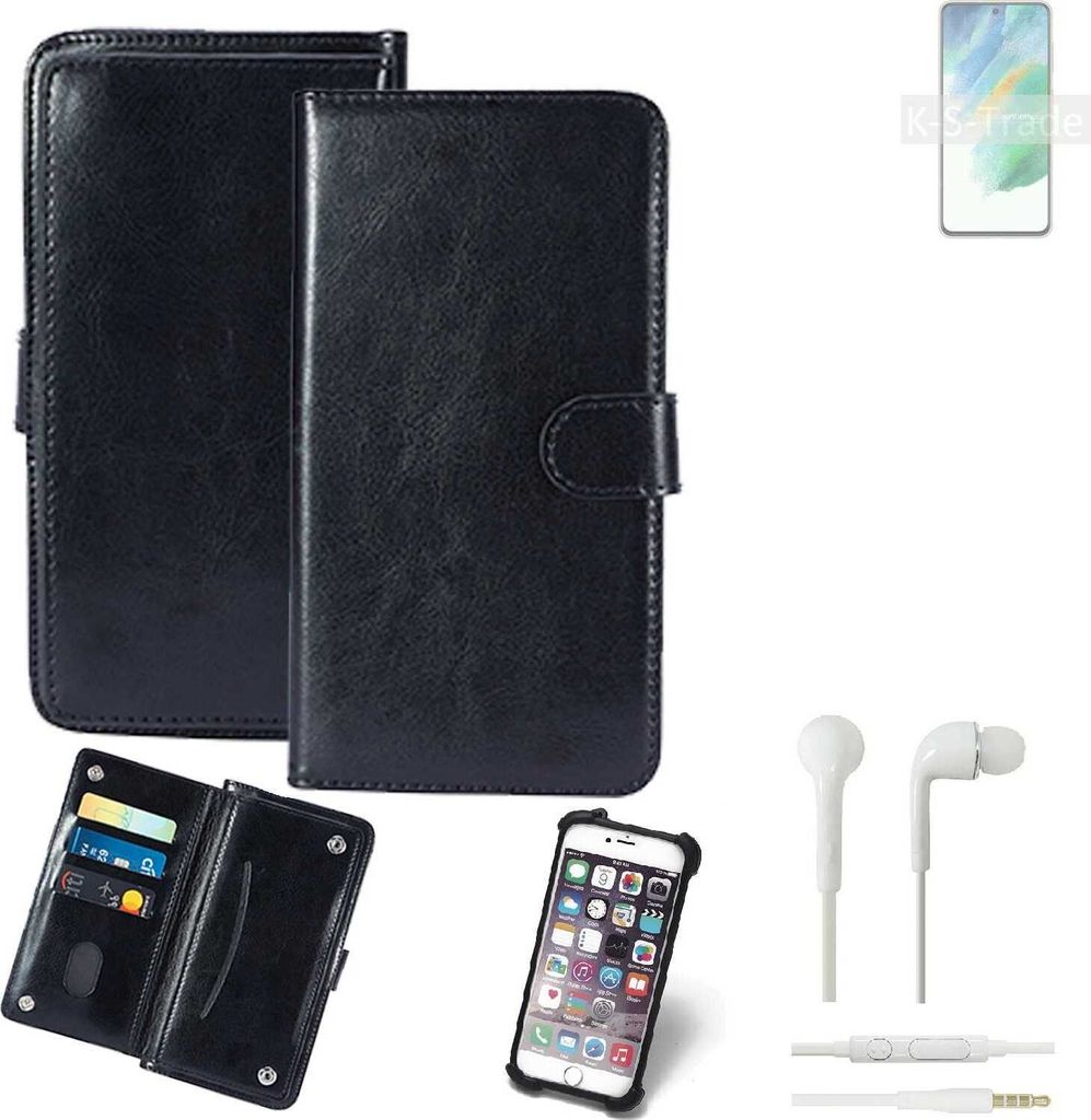 K-S-Trade 360° Hülle kompatibel mit Samsung Galaxy S21 FE SD888 inkl. Headphones schwarz Kunstleder Case BookCase WalletCase Kunstlederederhülle