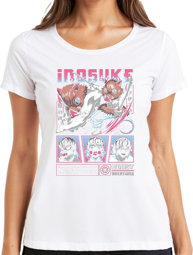 Inosuke Kimetsu no Yaiba Ebermaske Anime Geschenk Beast Damen T-Shirt, Weiß, M