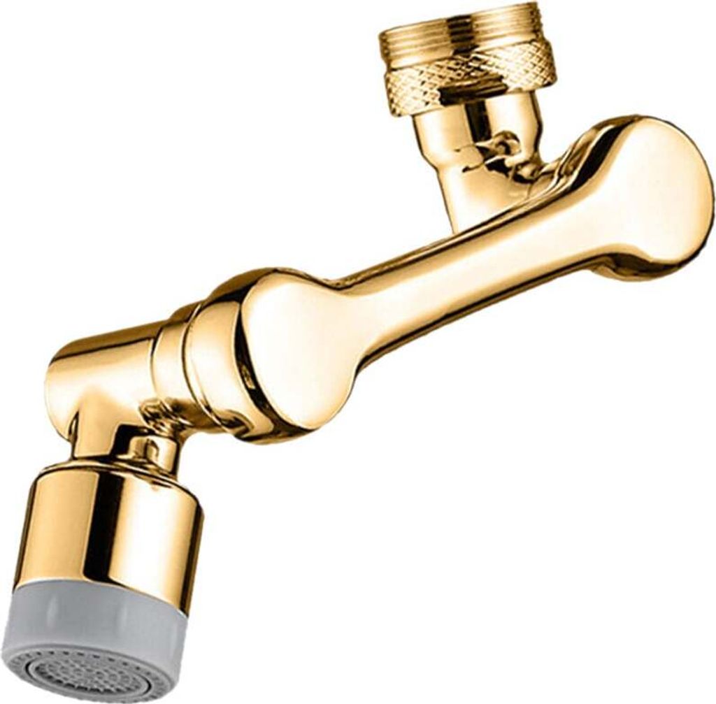 A gold-colored faucet extender with a spray nozzle.