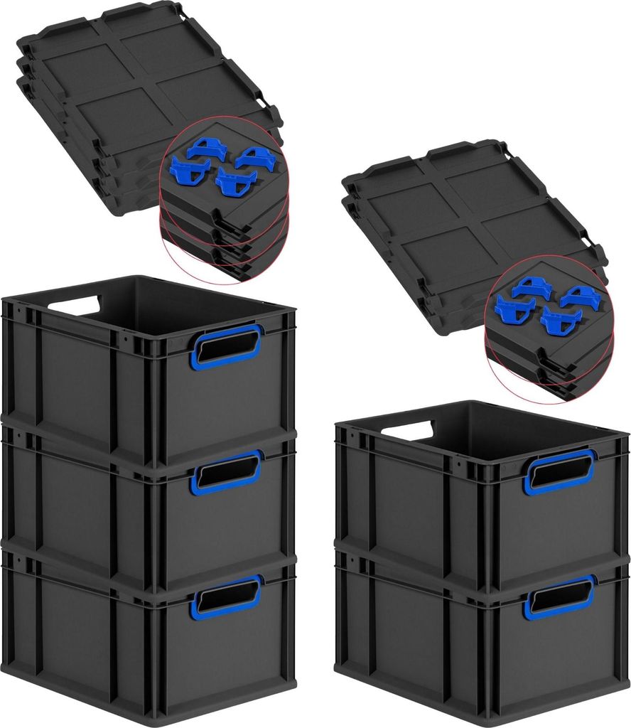 SparSet 5x Eurobox NextGen Color mit Auflagedeckel und Schiebeschnappverschlüsse | HxBxT 22x30x40cm | 20 Liter | Schwarz | Griffe blau offen | Eur...