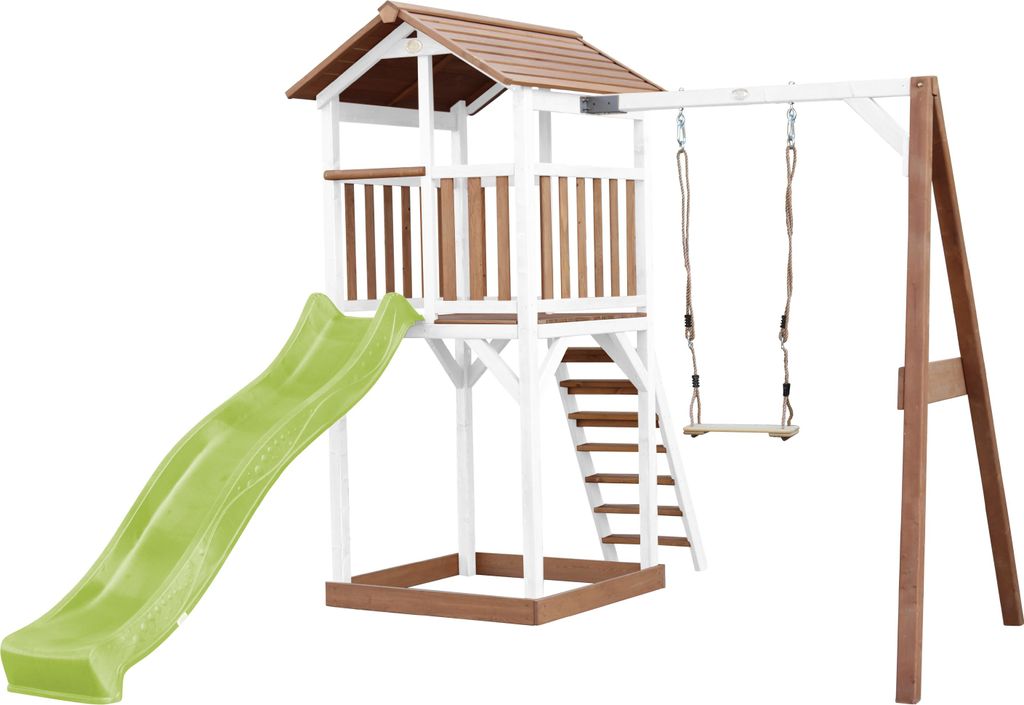 AXI Beach Tower Spielturm aus Holz in Braun & Weiß | Spielhaus für Kinder mit hellgrüner Rutsche, Schaukel und Sandkasten | Stelzenhaus für den...