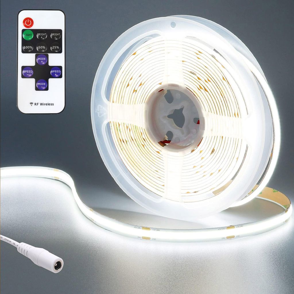 Led Strip 5m 6000K Kaltweiß, 24V COB Led Streifen Mit Fernbedienung, Dimmbar Led Band Lichtband Leiste Band Für Innen Gaming Zimmer Zuhause Deko