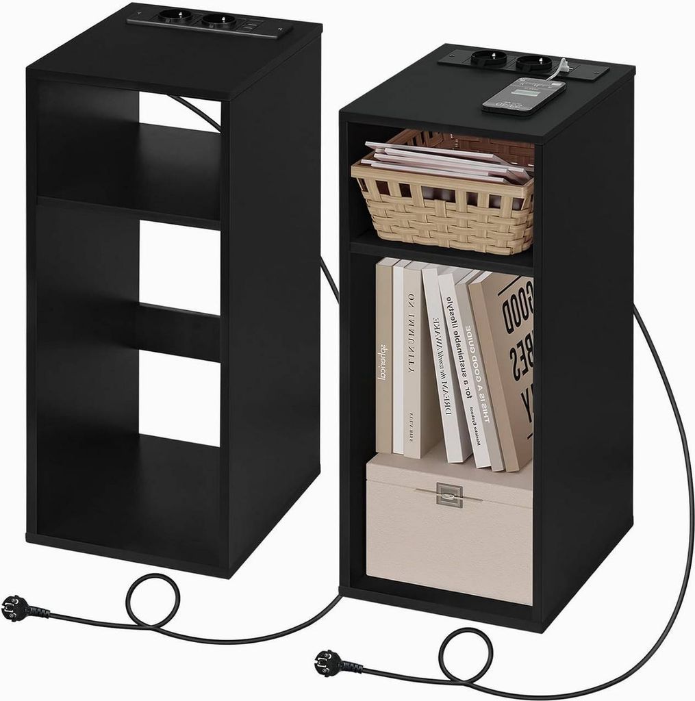 WOLTU Nachttisch mit Ladefunktion, schmaler Beistelltisch, Stauraum 2 offene Fächer, Schwarz