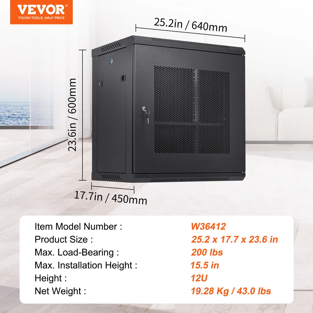 Armadio per server di rete VEVOR 12U montato a parete, profondità 15,5'', alloggiamento per armadio rack per server, capacità di carico massima di 200 libbre. Capacità di carico a pavimento, con pannelli laterali con serratura, per apparecchiature IT e A/V - 7