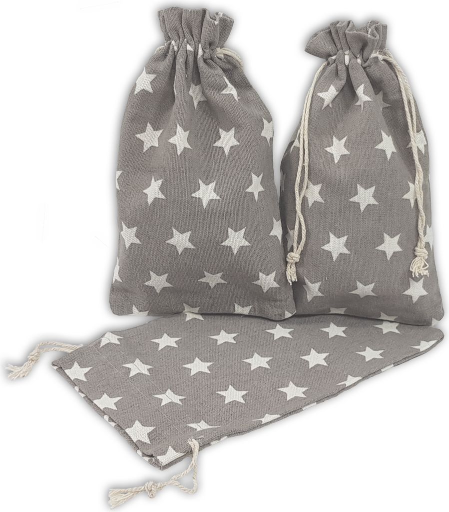 12 Geschenksäckchen grau, weiße Sterne 20 x 12 cm Baumwolle Adventskalender Säckchen Stoffbeutel zum Basteln und befüllen Gastgeschenk Hochzeit